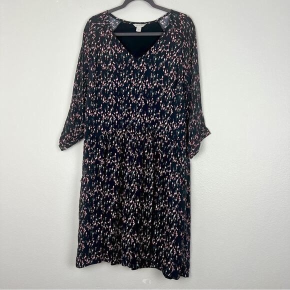 Garnet Hill | Boho Floral Navy Pink V Neck Drop Waist Midi Dress Modest 16 - Picture 9 of 9
